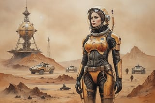 detailed full-length picture, masterpiece, best quality, ultra high resolution, visually stunning, beautiful, award-winning art (abstract art: 1.3),  beautiful ))),, oil painting   sovietpunk old soviet research base on Mars. Covered with dust and sand, detailed face, whole body,, Watercolor, trending on artstation, sharp focus, studio photo, intricate details, highly detailed, by greg rutkowski ,more detail XL, hyper detailed, realistic, oil painting, by julie bell, frank frazetta, cinematic lighting,vintagepaper