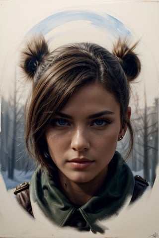 detailed full-length picture, masterpiece, best quality, ultra high resolution, visually stunning, beautiful, award-winning art (abstract art: 1.3), beautiful ))), oil painting Portret of a  soviet si-fi punk butifful female Mercenary - field scout-killer in war winter soviet si-fi punk outfit. , detailed face, whole body, Watercolor, trending on artstation, sharp focus, studio photo, intricate details, highly detailed, by greg rutkowski, more detail XL, hyper detailed, realistic, oil painting, by julie bell, frank frazetta, cinematic lighting