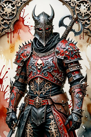 Beautiful and delicate watercolor painting, Warhammer fantasy style Create an image in full length of an anthropomorphic Scaven-assasin with a bloody mouth. Add dark assasin mask with reflective lenses to give it a human touch, distressed leather assasin armor and warhammer fantasy basemen background all adorned with intricate patterns and decorations, a masterpiece of craftsmanship.,Handsome boy,abmhandsomeguy,zavy-lndskncht