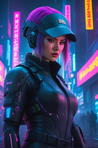 masterpiece A FULL-LENGTH very detalied portret A WOMAN "cyberpunk 2077 rpg style" -A Japanese cyberpunk policeman in a worn helmet with a lowered police identification visor lowered over his eyes and a worn blck cyberpunk uniform of a Japanese policeman in a worn black cyberpunk bulletproof vest. light violet background, film photography, light leaks, Larry Bud Melman, trending on artstation, sharp focus, studio photo, intricate details, highly detailed, in style of Leonid Afremov, mintonn17, j3s1, Watercolor, trending on artstation, sharp focus, studio photo, intricate details, highly detailed, by greg rutkowski,night city,CYBERPUNK MODEL 
