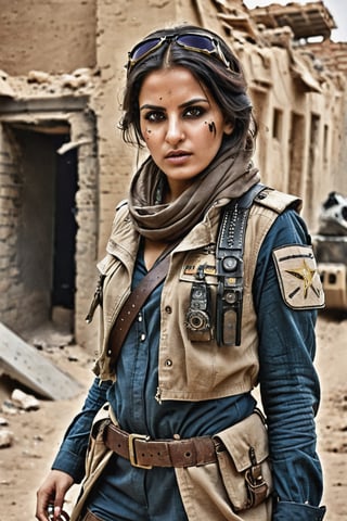studio photo full length female arabian photomodel as a  very beautiful with a strong -willed noble face, ((dirty and wounded with bruises from wounds )) soviet future spacepunk  war stalker Palestinian independence fighter lady, in stalker scout street outfit (( hiding in a dilapidated trench during a street battle)), trending on artstation, sharp focus, intricate details, highly detailed, by greg rutkowski, more detail XL, hyper detailed, realistic, cinematic lighting