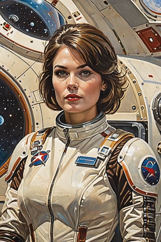 detailed full-length picture, masterpiece, best quality, ultra high resolution, visually stunning, beautiful, award-winning art (abstract art: 1.3), beautiful ))), oil painting , SOVIET SPACEpunk science journalist on the spaceship science-centre WITH SHORT broun HAIR, neat haircut . detailed face, whole body, Watercolor, trending on artstation, sharp focus, studio photo, intricate details, highly detailed, by greg rutkowski, more detail XL, hyper detailed, realistic, oil painting, by julie bell, frank frazetta, cinematic lighting,Expressiveh,concept art,yor briar