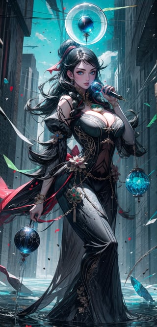 ((movie lighting)), super detailed, dramatic lighting, intricate detail, a gypsy woman, (fortune teller), full body, red eyes, holding a crystal ball, (crystal ball about head size) , (green glowing crystal ball), big breasts, cleavage, long black hair, beautiful face, very long shiny brown hair, bright red eyes, wearing a beautiful flowing black robe, holding a magic wand and crystal ball, chaotic reflection Utopian scene, perfect eyes, twinkling light, central theme, detailed face, detailed eyes, Kim Mi-jung's "chaotic scene",bayonetta_3_twintail_aiwaifu