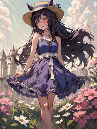 masterpiece, best quality,mejiro dober \(umamusume\),standing, crossed legs, flowers, flowers fields, reaching out,sun hat, straw hat, barefoot, blue dress, sleeveless dress, bracelet , bare shoulders, collarbone, ears through headwear