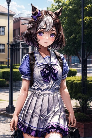 masterpiece, best quality, special week \(umamusume\), ear bow, purple bow, tracen school uniform, summer uniform, serafuku, puffy short sleeves, purple bowtie, horseshoe ornament, sailor collar, sailor shirt, purple shirt, white skirt, pleated skirt, frilled skirt, miniskirt, zettai ryouiki, 