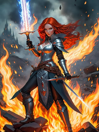 a woman with red hair and a sword in front of a fire, shallan davar, epic mage girl character, beautiful fantasy art portrait, steampunk chandra queen of fire, evil steampunk pyromancer woman, beautiful female sorceress, beautiful female wizard, full portrait of elementalist, epic fantasy art portrait, she has fire powers, marc brunet
