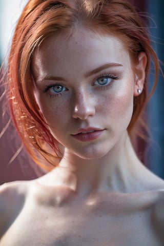 photorealistic, raw photo, best quality, ultra detailed, masterpiece, 1girl, naked topless, crimson red hair head,passionate,adorable shy young girl, petite skinny flat chested, alluring face with a few freckles,realistic soft blue grey eyes partially open,detailed skin, pores, tattoos,detailed background,inticate detailed, depth of field, full body framing from very low angle, backlit, smoky haze,  delightful, perfect, glamorous, dazzling, alluring, astonishing, dreamlike, marvelous, magnificent, irresistible, appealing, captivating, inviting, radiant, (lora:Detail_Tweaker:1.2),Leonardo Style,photo r3al