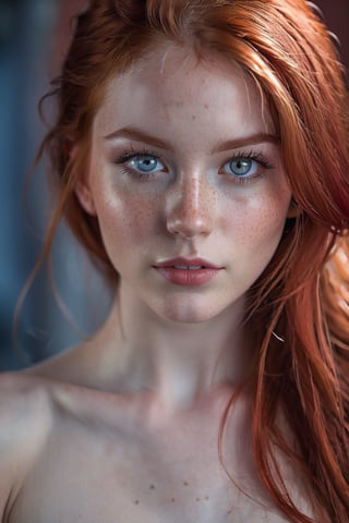 photorealistic, raw photo, best quality, ultra detailed, masterpiece, 1girl, naked topless, crimson red hair head,passionate,adorable shy young girl, petite skinny flat chested, alluring face with a few freckles,realistic soft blue grey eyes partially open,detailed skin, pores, tattoos,detailed background,inticate detailed, depth of field, full body framing from very low angle, backlit, smoky haze,  delightful, perfect, glamorous, dazzling, alluring, astonishing, dreamlike, marvelous, magnificent, irresistible, appealing, captivating, inviting, radiant, (lora:Detail_Tweaker:1.2),Leonardo Style,photo r3al