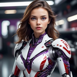 young Girl, racing decals, number and letters racing fonts decals on surface, (perfect face), (sexy), (perfect hands), defined jawline, beautiful lips,Full-Body shot, (perfect anatomy), (athletic body), (intricate geometric robotic white body armor, Deep Purple and Red accents), photorealistic,DonMCyb3rN3cr0XL 