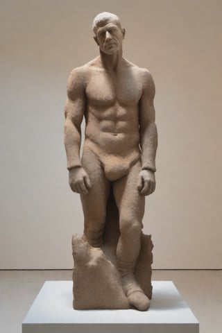 a sculpture body portrait, photorealistic, hyperrealistic, detailed, made of eroded Rough ruined concrete, stained of rust, eroded by air bubbles on surface, full body sculpture, by Mirko Ferronato sculptor, Mirko Ferronato style sculpture, minimal, at Biennale di Venezia, neutral background, photorealistic