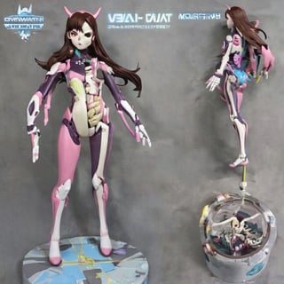 D.Va girl figure from the videogame "Overwatch", The same colours as the original character's suit, sexy figure, D.Va suit, big tits, huge breasts, big boobs, X-ray, skeleton visible, front-side pose, plastic toy, Doll limb joints, toy shop background, intricate details, realistic photograph, ActionFigureQuiron style,premium playset toy box,action figure box, diorama, in a gift box, gift box, playset,
