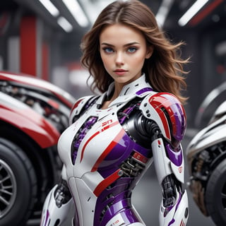 young Girl, racing decals, number and letters racing fonts decals on surface, (perfect face), (sexy), (perfect hands), defined jawline, beautiful lips,Full Body shot, (perfect anatomy), (athletic body), (intricate geometric robotic white body armor, Deep Purple and Red accents), photorealistic,