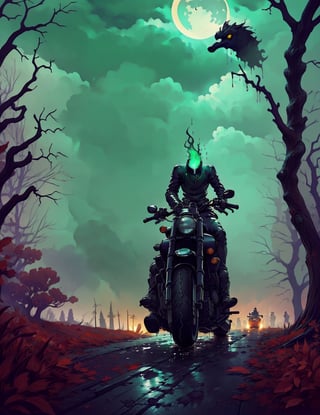 a headless horseman rides a burning 1930 Harley motorcycle down a wooded highway on a dark night.wearing leather jacket, cape flapping in the wind (((No head)))(((decapitated)))(((headless)))(((no helmet)))(((empty neck hole)))(((The motorcycle has the an iron horse head welded to the front, it's eyes serve as headlights)))

 (((Drippy, burnt asthetic))), ((gnarly spooky trees)), autumn leaves, (((green fog))), (((crescent moon))),weird mushrooms, drab autumn colors

(((an iron horse head is welded on to the front of motorcycle, (rider has no head, he is decapitated, he is headless),))),halloweentech,art by Stephen Gammell,fire that looks like...,HellAI,horror