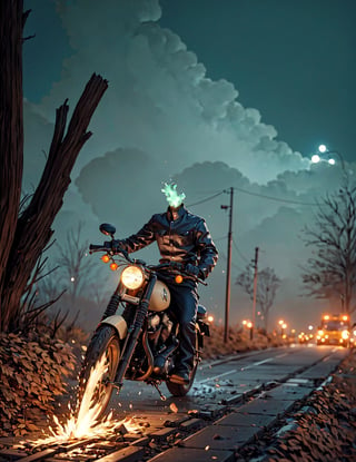 (((a headless horseman))) he rides a burning 1930 Harley Davidson motorcycle down a wooded highway on a dark night. Wearing a leather jacket,cape flapping in the wind,(((No head)))(((decapitated)))(((headless)))(((no helmet)))(((empty neck hole)))(((The motorcycle has the an iron horse head welded to the front, it's eyes serve as headlights))),(holding a machete)

 (((Drippy, burnt ember asthetic))), ((gnarly spooky trees)), autumn leaves, (((green fog))), crescent moon, ((weird mushroom men in the background))

(((an iron horse head is welded on to the front of motorcycle, (rider has no head, he is decapitated, he is headless),))),halloweentech,art by Stephen Gammell,fire that looks like...,HellAI,horror