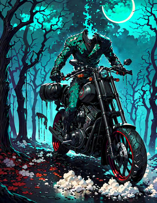 (((a headless horseman))) he rides a burning 1930 Harley motorcycle down a wooded highway on a dark night. (((No head)))(((decapitated)))(((headless)))(((no helmet)))(((empty neck hole)))(((The motorcycle has the an iron horse head welded to the front, it's eyes serve as headlights)))

 (((Drippy, burnt marshmallow asthetic))), ((gnarly spooky trees)), autumn leaves, (((green fog))), crescent moon, weird mushrooms, 

(((an iron horse head is welded on to the front of motorcycle, (rider has no head, he is decapitated, he is headless),))),halloweentech,art by Stephen Gammell,fire that looks like...,HellAI,horror