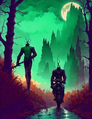 1 headless horseman (((on a moped )))riding over a stream on a dark night.wearing leather jacket, cape flapping in the wind ,he is brandishing a machete,(((No head)))(((decapitated)))(((headless)))(((no helmet)))(((empty neck hole)))(((The motorcycle has the an iron horse head welded to the front, it's eyes serve as headlights)))(((Drippy, burnt asthetic))), ((gnarly spooky trees)), autumn leaves, (((green fog))), (((crescent moon))),(weird little mushroom monsters hiding behind trees in the background), drab autumn colors
(rider has no head, he is decapitated, he is headless),))),halloweentech,art by Stephen Gammell,fire that looks like...,HellAI,horror