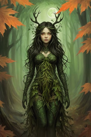 Generate an eerie scene. A fog creeps through a dark moonlit forest clearing where a tree nymph of Greek folklore materializes. Her green willowy form exudes mystery. She is wreathed in leaves and vines and her orange eyes shimmer with an otherworldly, dreamlike glow. Around her a surreal, misty aura weaves a sense of magic and wonder, making her a hauntingly beautiful yet terrifying sight. Her smooth  green skin is like the bark of a sapling willow tree. She is hauntingly beautiful, enchanting, and playfully cute.(((Green skin))),(((green face))), ((green hands)), ((hair made of twigs and vines)),((dark black/green hair)),((bark-like skin)), (((round face))), (looks like Michelle Williams,Carey Mulligan, Emma Stone),((huge innocent orange eyes)),(((wide nose))), (((upturned snub nose))),((mild chubby)), (fat face),(((bare midriff))),(((navel))),((small breasts)),((full body view)), ((natural thick eyebrows)),((age 21: 1.4)), ((watercolor painting)), ((oil pastel art)), ((oil painting)), ((colored pencil art)), ((looking past viewer)), ((red maple leaves on trees)), ((dark forest)),(((will-o-wisps))),((moonlight)), ((autumn colors)),(((big crescent moon in the sky))),A girl in the wild, (((midriff exposed))),(((belly button exposed))), ((clothing made of leaves)), (red maple leaves on trees), (hair made of vines and twigs), (((green skin))), (((green color face))),(((green hands))), (((bare uncovered stomach))),(branch antlers), (((green face)))
