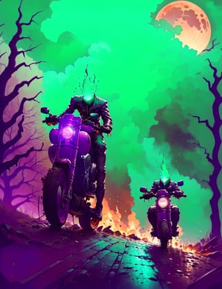 a headless horseman rides a burning 1930 Harley motorcycle down a wooded highway on a dark night.wearing leather jacket, cape flapping in the wind (((No head)))(((decapitated)))(((headless)))(((no helmet)))(((empty neck hole)))(((The motorcycle has the an iron horse head welded to the front, it's eyes serve as headlights)))

 (((Drippy, burnt asthetic))), ((gnarly spooky trees)), autumn leaves, (((green fog))), (((crescent moon))),weird mushrooms, drab colors

(((an iron horse head is welded on to the front of motorcycle, (rider has no head, he is decapitated, he is headless),))),halloweentech,art by Stephen Gammell,fire that looks like...,HellAI,horror