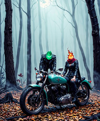 (((1 headless horsewoman))) she rides a burning 1930 Harley Davidson motorcycle down a wooded highway on a dark night. Wearing a leather jacket, (cleavage),cape flapping,(((No head)))(((decapitated)))(((headless)))(((no helmet)))(((red scarf around neck hole)))(((The motorcycle has the an iron horse head welded to the front, it's eyes serve as headlights))),(holding handlebars)

 (((Drippy, burnt ember asthetic))), ((gnarly spooky trees)), autumn leaves, (((green fog))), crescent moon, ((weird mushroom ghosts in the background))

(((an iron horse head is welded on to the front of motorcycle, (rider has no head, she is decapitated, she is headless),))),halloweentech,art by Stephen Gammell,fire that looks like...,HellAI,horror