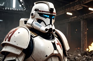 (8k HDR), (masterpiece, best quality), ((Warhammer)), 

"Generate an image of a Clone Trooper from the Star Wars universe transformed into a mighty Space Marine of the Warhammer 40k universe. His armor, once sleek and white, now bears the iconic colors and symbols of the Space Marines, adorned with intricate filigree and embellishments that mark him as a warrior of the Adeptus Astartes. The trooper's helmet has been redesigned to incorporate the intimidating features of a Space Marine helm, with glowing red eyes and a stoic expression that speaks of unwavering determination. In one hand, he wields a bolter, a weapon of devastating power and precision, while in the other hand, he carries a combat knife with a serrated edge, ready to engage in close-quarters combat. Behind him, the backdrop depicts a war-torn battlefield littered with the remnants of battle, as he stands tall and resolute, a beacon of strength and valor in the grim darkness of the far future."

(michael bay camera shots), dark atmosphere, vibrant colors, depth of field, 