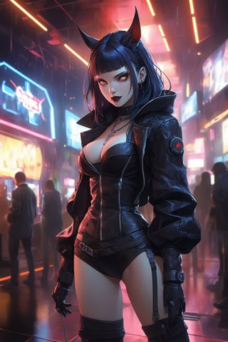 (beat quality, masterpiece), (8K, HDR), 
Cyber Bloodlust:
"Generate an image of a vampire in a bustling cyberpunk nightclub, surrounded by neon lights and digital screens. The vampire's eyes gleam with hunger, and their outfit is a mix of gothic and futuristic styles, blending seamlessly with the high-tech environment."
dark, vibrant, gothic,