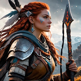 (8k HDR), (masterpiece, best quality), 

"Create an image of a hybrid warrior combining Aloy from Horizon Zero Dawn and the aesthetic of Dark Souls. This character dons a rugged, medieval-style armor that merges Aloy's tribal and technologically enhanced gear with the dark, intricate chainmail and plate typical of Dark Souls. Her outfit is adorned with runes and emblems that glow faintly in mystical colors, suggesting both ancient technology and arcane power. In one hand, she wields a large, rune-engraved bow made of an unknown lightweight metal, while her other hand holds a shield emblazoned with the emblem of a mysterious, extinct creature. Her red hair is partly braided, partly flowing, shadowed under a hooded cloak that billows softly in the wind. The background reveals a desolate, mist-shrouded landscape with ruins that hint at both a post-apocalyptic world and a forgotten kingdom, blending the narratives of machine and myth."

dark atmosphere, vibrant colors, (various camera shots), depth of field, 2D