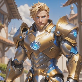 (best quality), (4K, HDR), ((Overwatch)), Paladin Reinhart, musuclar man, shiny armor, strong body, blonde hair, blue eyes, might shield (various camera angles), fantasy style armor and clothing, fantasy, vibrant colors, 