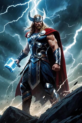 (8k HDR), (masterpiece, best quality), 


Here's a prompt for a character merging Thor from Marvel with Hades from Greek mythology:

Title: Thadeus, God of Thunder and the Underworld

Description:
Thadeus is a divine being born from the fusion of Thor, the Norse god of thunder, and Hades, the Greek god of the underworld. He possesses the muscular physique and powerful presence of Thor, adorned with dark robes reminiscent of Hades' regal attire. His eyes crackle with lightning, hinting at his divine lineage, while his expression carries the weight of both realms he governs.

Features:
Thadeus wields a mighty warhammer infused with dark energy, resembling Mjolnir but with intricate designs inspired by the underworld. His hair flows in wild curls like Thor's, but with streaks of shadowy hues, symbolizing his connection to the realm of the dead. Chains drape from his armor, evoking the chains that bind souls in the underworld, while his voice resonates with thunderous authority.

Setting:
The scene is set in a realm that bridges the worlds of the living and the dead, where towering mountains pierce the sky, and dark chasms lead to the depths of the underworld. Thunderstorms rage overhead, echoing Thadeus' dual nature, while spirits and shades roam the landscape, drawn to his powerful presence.

Action:
Thadeus stands atop a cliff, overlooking the vast expanse of his domain, his warhammer raised high as he commands the forces of thunder and death. Lightning flashes and thunder rolls as he unleashes his divine power, asserting his dominance over both the heavens and the underworld.

dark and vibrant, (micheal bay cinematic shots), depth of field, cinematic scenery, 2D