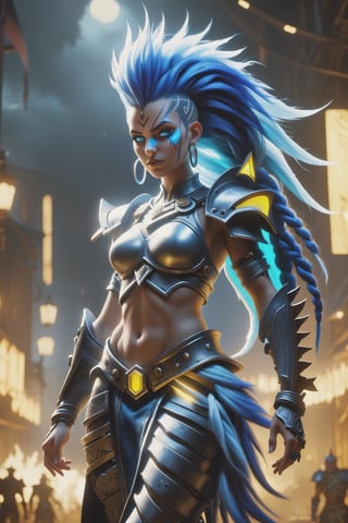 (best quality), (4K, HDR), ((OverwatchxDark Fantasy)),barbarian junker queen, tall woman, blue mohawk hair braids, shining body, glowing look, looking at camera, fallout style armor and clothing, fantasy, vibrant colors,  dark ,DonM3l3m3nt4lXL