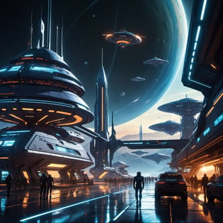 (8k HDR), (masterpiece, best quality), 

Futuristic Spaceport at Dawn:

"A bustling futuristic spaceport at dawn, with starships of various designs docking and departing. Travelers from different galaxies mingle, their diverse appearances a testament to the vastness of the universe. Ground crews prepare ships for launch against a backdrop of a rising alien sun, casting a hopeful light on the day’s journeys."

dark and vibrant, science fiction, night, (James Cameron cinematic shots), depth of field, 2D