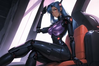 (masterpiece, best quality), (8K, UHD), ((90s anime style)), dark fantasy fembot, an alluring robotic body, with a lean hourlgass shape, high tech design, seductive glowing eyes, nice chest, in a futuristic high tech society, , sitting down elegantly, thigh highs, smiling at the viewer, (variety shot), illustration,portrait,rgbcolor,emotion