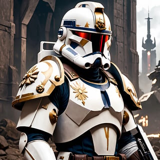 (8k HDR), (masterpiece, best quality), ((Warhammer)), 

"Generate an image of a Clone Trooper from the Star Wars universe transformed into a mighty Space Marine of the Warhammer 40k universe. His armor, once sleek and white, now bears the iconic colors and symbols of the Space Marines, adorned with intricate filigree and embellishments that mark him as a warrior of the Adeptus Astartes. The trooper's helmet has been redesigned to incorporate the intimidating features of a Space Marine helm, with glowing red eyes and a stoic expression that speaks of unwavering determination. In one hand, he wields a bolter, a weapon of devastating power and precision, while in the other hand, he carries a combat knife with a serrated edge, ready to engage in close-quarters combat. Behind him, the backdrop depicts a war-torn battlefield littered with the remnants of battle, as he stands tall and resolute, a beacon of strength and valor in the grim darkness of the far future."

(michael bay camera shots), dark atmosphere, vibrant colors, depth of field, 