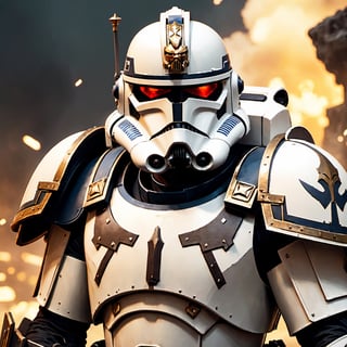 (8k HDR), (masterpiece, best quality), ((Warhammer)), 

"Generate an image of a Clone Trooper from the Star Wars universe transformed into a mighty Space Marine of the Warhammer 40k universe. His armor, once sleek and white, now bears the iconic colors and symbols of the Space Marines, adorned with intricate filigree and embellishments that mark him as a warrior of the Adeptus Astartes. The trooper's helmet has been redesigned to incorporate the intimidating features of a Space Marine helm, with glowing red eyes and a stoic expression that speaks of unwavering determination. In one hand, he wields a bolter, a weapon of devastating power and precision, while in the other hand, he carries a combat knife with a serrated edge, ready to engage in close-quarters combat. Behind him, the backdrop depicts a war-torn battlefield littered with the remnants of battle, as he stands tall and resolute, a beacon of strength and valor in the grim darkness of the far future."

(michael bay camera shots), dark atmosphere, vibrant colors, depth of field, 