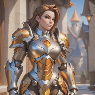 (best quality), (4K, HDR), ((Overwatch)), Paladin Brigitte, hourglass body, shiny armor, slightly strong physique , brown hair, bright orange eyes, might shield (various camera angles), fantasy style armor and clothing, fantasy, vibrant colors, 