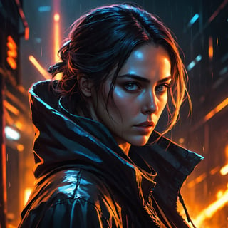 (8k HDR), (masterpiece, best quality), ((Dark Scfi)), 

"Generate a portrait of the vengeful assassin, her eyes burning with determination and grief as she prepares to embark on her mission of revenge. Her expression is hardened, yet there's a hint of sorrow beneath the surface, reflecting the loss of her beloved."

dark atmosphere, vibrant colors, (micheal bay cinematic shots), depth of field, 2D