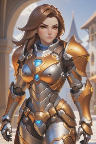 (best quality), (4K, HDR), ((Overwatch)), Paladin Brigitte, hourglass body, shiny armor, slightly strong physique , brown hair, bright orange eyes, might shield (various camera angles), fantasy style armor and clothing, fantasy, vibrant colors, 