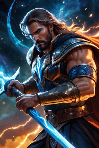 (8k HDR), (masterpiece, best quality), ((Cosmic fantasy)),

Portrait: Thadeus Wielding His Warhammer:

"Create a portrait of Thadeus wielding his mighty warhammer, infused with crackling energy that combines the thunderous power of Thor with the dark aura of the underworld. His eyes glow with divine intensity as he prepares to unleash his formidable might upon his foes."

dark and vibrant, (micheal bay cinematic shots), depth of field, cinematic scenery, 2D