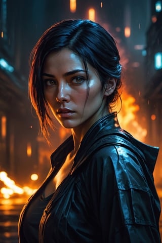 (8k HDR), (masterpiece, best quality), ((Dark Scfi)), 

"Generate a portrait of the vengeful assassin, her eyes burning with determination and grief as she prepares to embark on her mission of revenge. Her expression is hardened, yet there's a hint of sorrow beneath the surface, reflecting the loss of her beloved."

dark atmosphere, vibrant colors, (micheal bay cinematic shots), depth of field, 2D