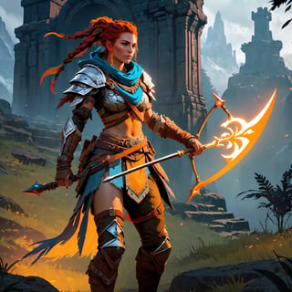 (8k HDR), (masterpiece, best quality), 

"Create an image of a hybrid warrior combining Aloy from Horizon Zero Dawn and the aesthetic of Dark Souls. This character dons a rugged, medieval-style armor that merges Aloy's tribal and technologically enhanced gear with the dark, intricate chainmail and plate typical of Dark Souls. Her outfit is adorned with runes and emblems that glow faintly in mystical colors, suggesting both ancient technology and arcane power. In one hand, she wields a large, rune-engraved bow made of an unknown lightweight metal, while her other hand holds a shield emblazoned with the emblem of a mysterious, extinct creature. Her red hair is partly braided, partly flowing, shadowed under a hooded cloak that billows softly in the wind. The background reveals a desolate, mist-shrouded landscape with ruins that hint at both a post-apocalyptic world and a forgotten kingdom, blending the narratives of machine and myth."

dark atmosphere, vibrant colors, (various camera shots), depth of field, 2D