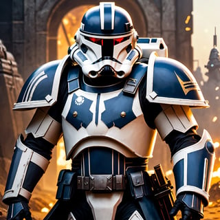 (8k HDR), (masterpiece, best quality), ((Dark Fantasy)), 

"Generate an image of a Clone Trooper from the Star Wars universe transformed into a mighty Space Marine of the Warhammer 40k universe. His armor, once sleek and white, now bears the iconic colors and symbols of the Space Marines, adorned with intricate filigree and embellishments that mark him as a warrior of the Adeptus Astartes. The trooper's helmet has been redesigned to incorporate the intimidating features of a Space Marine helm, with glowing red eyes and a stoic expression that speaks of unwavering determination. In one hand, he wields a bolter, a weapon of devastating power and precision, while in the other hand, he carries a combat knife with a serrated edge, ready to engage in close-quarters combat. Behind him, the backdrop depicts a war-torn battlefield littered with the remnants of battle, as he stands tall and resolute, a beacon of strength and valor in the grim darkness of the far future."

(michael bay camera shots), dark atmosphere, vibrant colors, depth of field, 2D