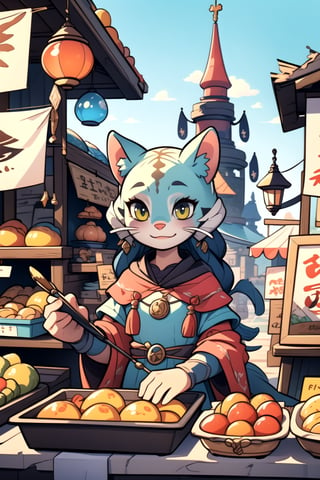 (masterpiece, best quality), (8K, HDR), 
Playful Khajiit Merchant:
"Create an image of a Khajiit merchant with a charming smile, showcasing various magical items at a bustling market in Whiterun. The merchant's stall is vibrant and colorful, and the market is filled with cheerful characters and bright banners. The scene is full of life and animated joy, fitting the Pixar aesthetic."
depth of field, ,illustration,rgbcolor,emotion,EDGADEPTA