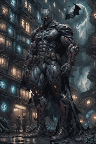 (8k masterpiece, best quality), (HDR), Craft a captivating image of Batman seamlessly integrated into the dark, gritty universe of Bungie's Destiny series. Picture the Caped Crusader in a blend of his iconic armor and Destiny's aesthetic, adorned in a black and deep red suit, standing atop the Citadel Tower in Destiny's Last City. With a brooding gaze, Batman surveys the dystopian landscape below, where the remnants of civilization contrast with encroaching darkness and the ominous presence of the Traveler. Subtle nods to Batman's world, like a Bat-signal against the nebulous sky, infuse the scene with an air of brooding intensity, capturing the eternal vigilance of the Dark Knight in a world on the brink of chaos. ((Up close shot)), 