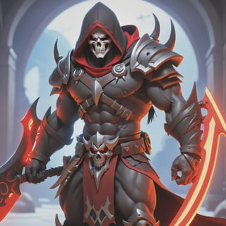 (best quality), (4K, HDR), ((Overwatch)), barbarian Reaper, musuclar man, hooded, strong body, glowing red eyes, (Death shot), fantasy style armor and clothing, fantasy, vibrant colors, dark fantasy, dark