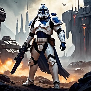 (8k HDR), (masterpiece, best quality), ((Dark Fantasy)), 

"Generate an image of a Clone Trooper from the Star Wars universe transformed into a mighty Space Marine of the Warhammer 40k universe. His armor, once sleek and white, now bears the iconic colors and symbols of the Space Marines, adorned with intricate filigree and embellishments that mark him as a warrior of the Adeptus Astartes. The trooper's helmet has been redesigned to incorporate the intimidating features of a Space Marine helm, with glowing red eyes and a stoic expression that speaks of unwavering determination. In one hand, he wields a bolter, a weapon of devastating power and precision, while in the other hand, he carries a combat knife with a serrated edge, ready to engage in close-quarters combat. Behind him, the backdrop depicts a war-torn battlefield littered with the remnants of battle, as he stands tall and resolute, a beacon of strength and valor in the grim darkness of the far future."

(michael bay camera shots), dark atmosphere, vibrant colors, depth of field, 2D