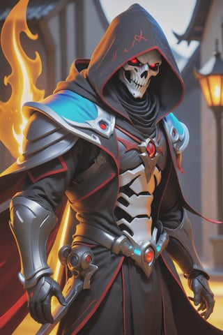 (best quality), (4K, HDR), ((Overwatch)), mage Reaper, musuclar man, hooded, strong body, glowing red eyes, death magic (Death shot), fantasy style armor and clothing, fantasy, vibrant colors, dark fantasy, dark