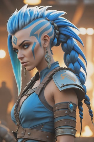 (best quality), (4K, HDR), barbarian junker queen, tall woman, blue mohawk hair braids, shining body, glowing look, looking at camera, fallout style armor and clothing, fantasy, vibrant colors, 