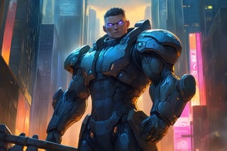 (beat quality, masterpiece), (8K, HDR), 
Cyberpunk Hero:
"Generate an image of a handsome, strong man standing triumphantly in front of a towering skyscraper. His cybernetic eyes scan the horizon as he prepares to take on the challenges of the cyberpunk dystopia with unwavering resolve."
dark and ambient atmosphere, vibrant colors, 