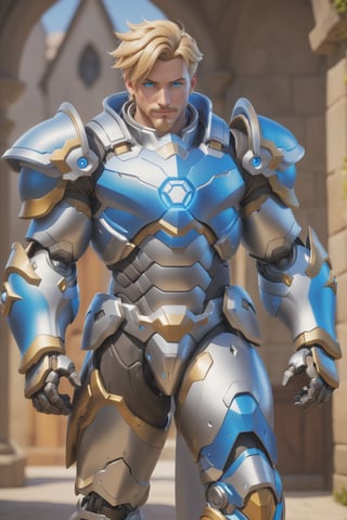 (best quality), (4K, HDR), ((Overwatch)), Paladin Reinhart, musuclar man, shiny armor, strong body, blonde hair, blue eyes, might shield (various camera angles), fantasy style armor and clothing, fantasy, vibrant colors, 