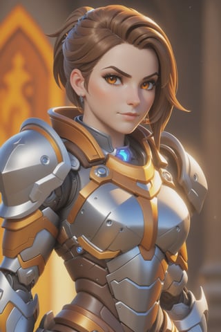 (best quality), (4K, HDR), ((Overwatch)), Paladin Brigitte, hourglass body, shiny armor, slightly strong physique , brown hair, bright orange eyes, might shield (various camera angles), fantasy style armor and clothing, fantasy, vibrant colors, 