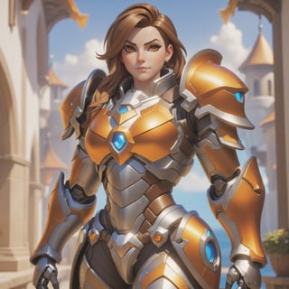(best quality), (4K, HDR), ((Overwatch)), Paladin Brigitte, hourglass body, shiny armor, slightly strong physique , brown hair, bright orange eyes, might shield (various camera angles), fantasy style armor and clothing, fantasy, vibrant colors, 